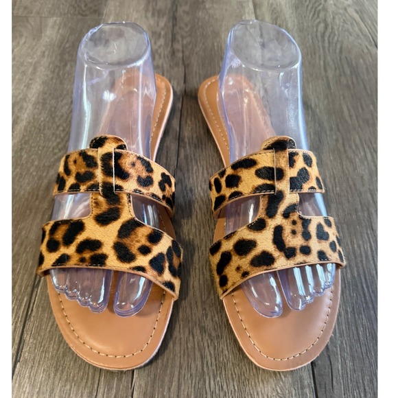 J.Crew Womens Leopard Print Calf Hair Slide Sandals Brown Tan Size 11 H-Strap - Picture 2 of 5